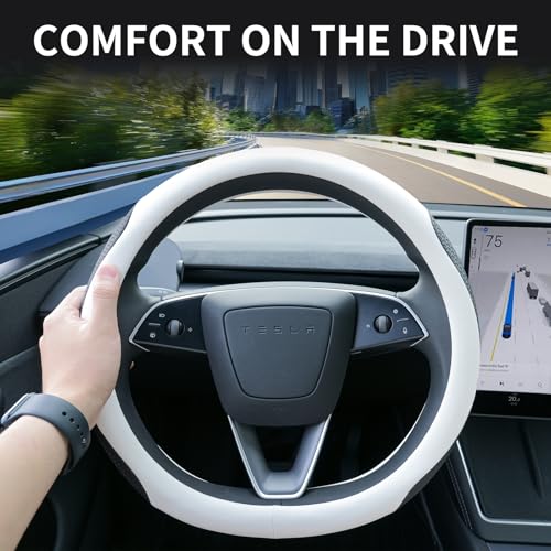 Uxcer Nappa Leather Steering Wheel Cover for Tesla Model 3/Y 2016-2025 2026 Juniper/Highland, Non-Slip Breathable Tesla Model 3/Y Steering Wheel Protector, White - Image 3