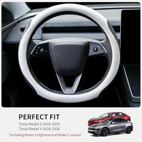 Uxcer Nappa Leather Steering Wheel Cover for Tesla Model 3/Y 2016-2025 2026 Juniper/Highland, Non-Slip Breathable Tesla Model 3/Y Steering Wheel Protector, White - Image 2