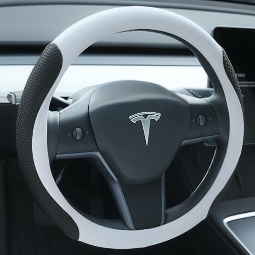Uxcer Nappa Leather Steering Wheel Cover for Tesla Model 3/Y 2016-2025 2026 Juniper/Highland, Non-Slip Breathable Tesla Model 3/Y Steering Wheel Protector, White - Image 1