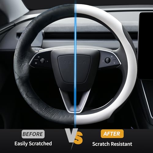 Uxcer Nappa Leather Steering Wheel Cover for Tesla Model 3/Y 2016-2025 2026 Juniper/Highland, Non-Slip Breathable Tesla Model 3/Y Steering Wheel Protector, White - Image 4