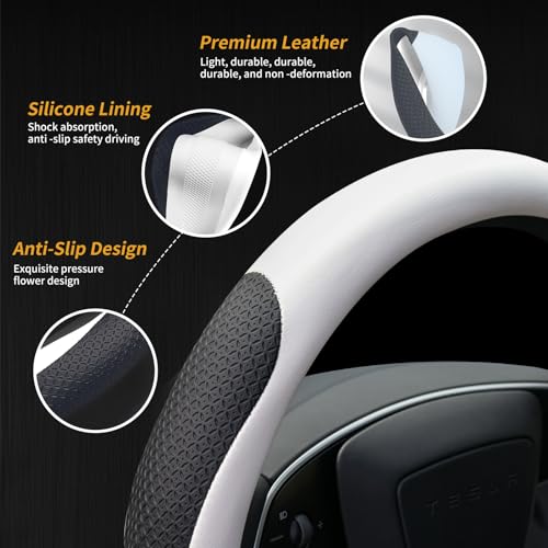 Uxcer Nappa Leather Steering Wheel Cover for Tesla Model 3/Y 2016-2025 2026 Juniper/Highland, Non-Slip Breathable Tesla Model 3/Y Steering Wheel Protector, White - Image 5