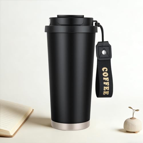 YCTMALL Black Insulated Leakproof 316 Stainless Steel Water Bottle Coffee Travel Mug With Straw And Flip Lid With Carrying Rope,18oz Large Capacity For Office School Party Camping. - Image 1