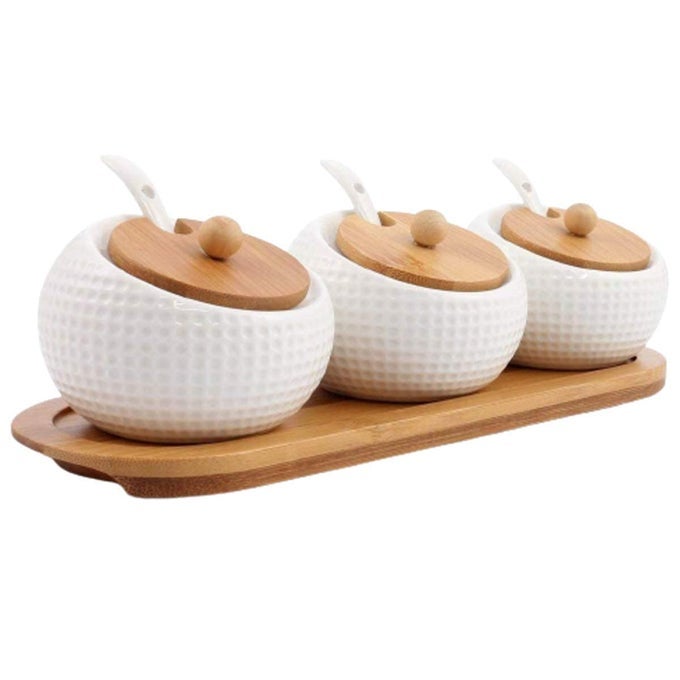 3 SPICE STORAGE CONTAINER JARS WITH BAMBOO LIDS AND SPOON CERAMIC SPICE JAR MULTIPURPOSE STORAGE HOMEKITCHEN TEACOFFEESUGARSALT