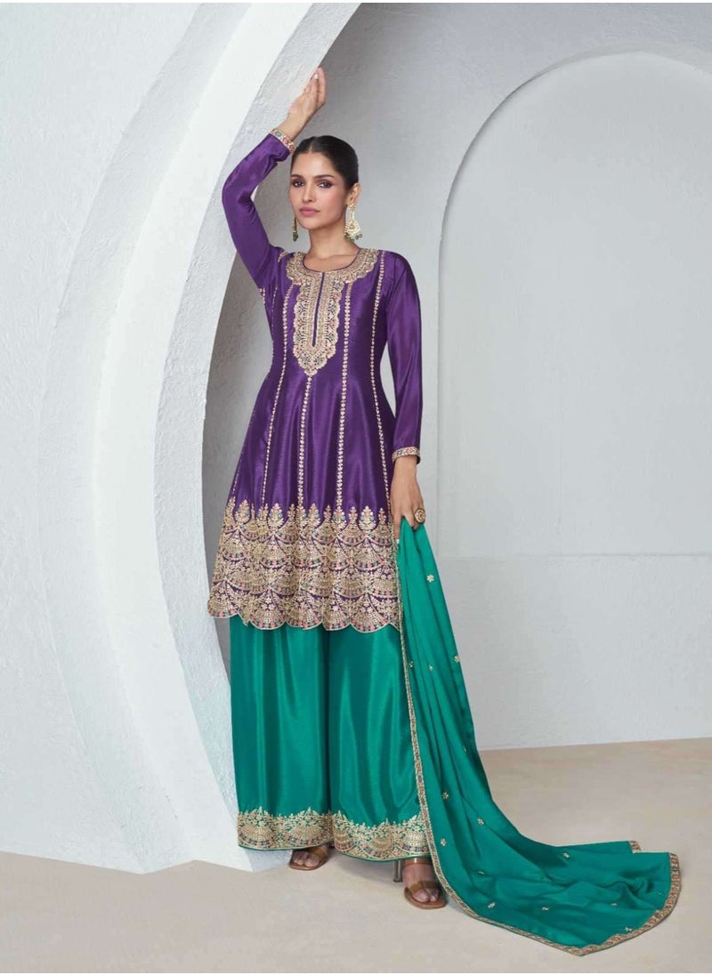 Grab Mantra Chinon Silk Festival Party Wear Sharara Set Having Purple Kurta Plus Green Dupatta And Plazo  - Image 1