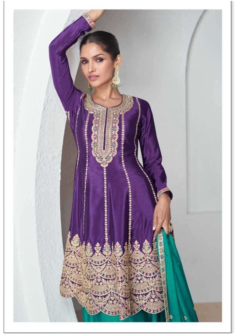 Grab Mantra Chinon Silk Festival Party Wear Sharara Set Having Purple Kurta Plus Green Dupatta And Plazo  - Image 2