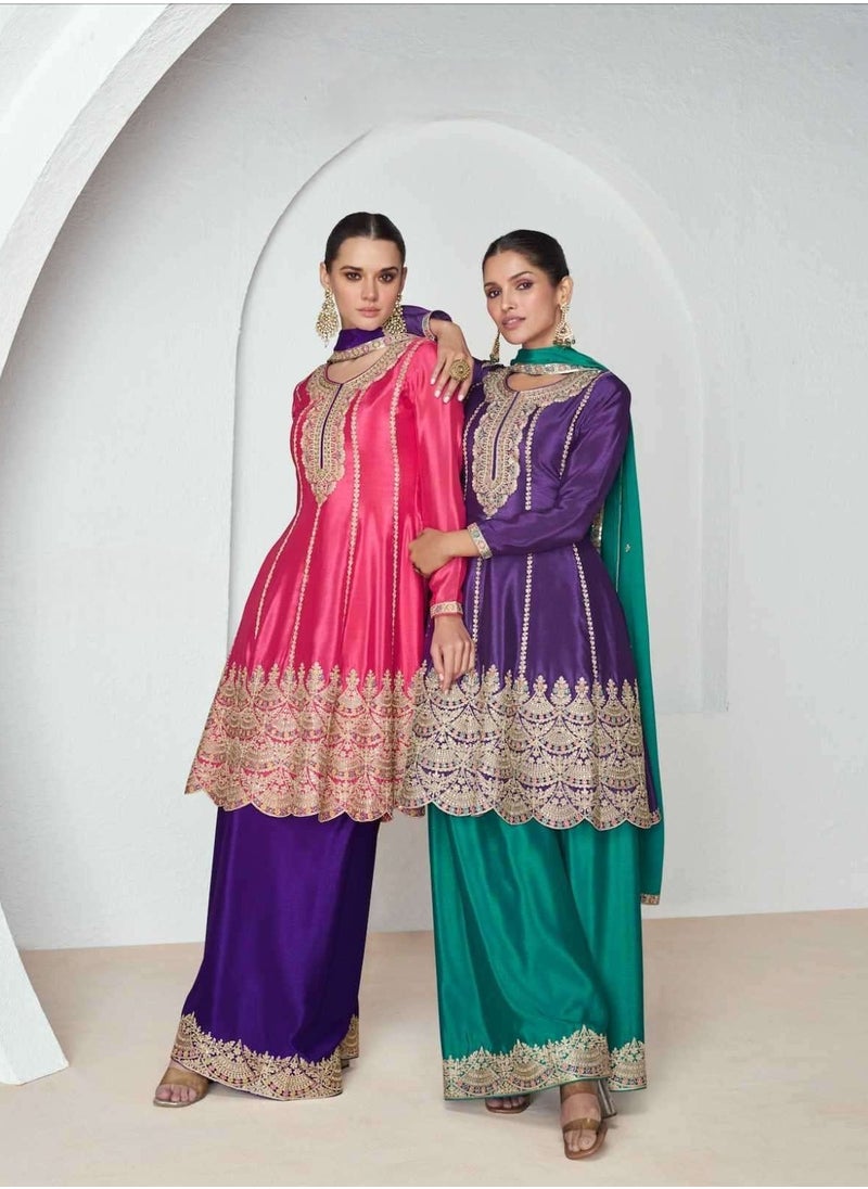 Grab Mantra Chinon Silk Festival Party Wear Sharara Set Having Purple Kurta Plus Green Dupatta And Plazo  - Image 3