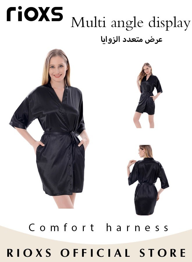 RIOXS Women's Solid-Color Robe, Summer Lightweight Style with Belt and Three-Quarter Sleeves Casual Soft Stretch Loungewear Morning Robe, Black - Image 3