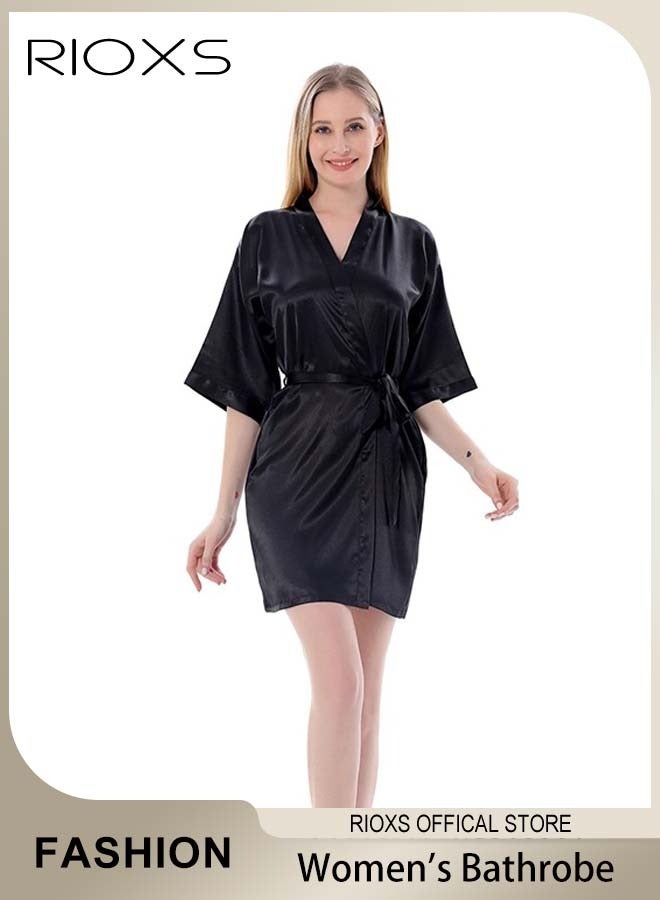 RIOXS Women's Solid-Color Robe, Summer Lightweight Style with Belt and Three-Quarter Sleeves Casual Soft Stretch Loungewear Morning Robe, Black - Image 1