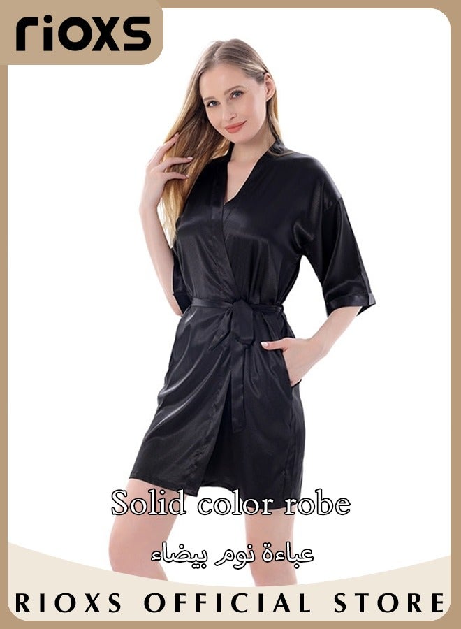 RIOXS Women's Solid-Color Robe, Summer Lightweight Style with Belt and Three-Quarter Sleeves Casual Soft Stretch Loungewear Morning Robe, Black - Image 2