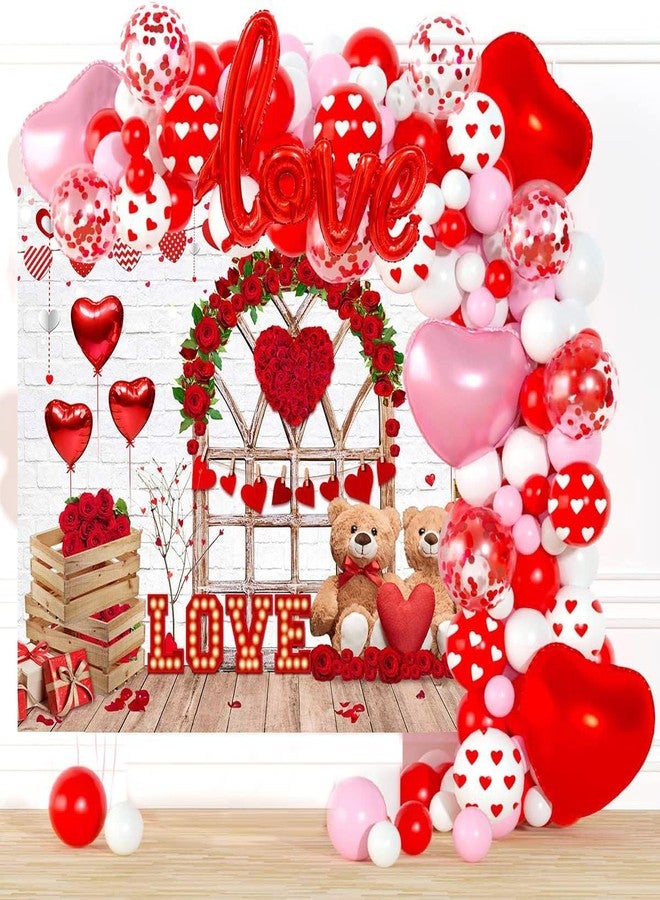 Mocsicka Happy Valentine's Day Backdrop Red Rose Flower Brick Wall Wood Door Valentines Background Romantic Love Valentine's Day Party Decorations Banner Photo Booth Props (7x5ft (82x60 inch)) - Image 3