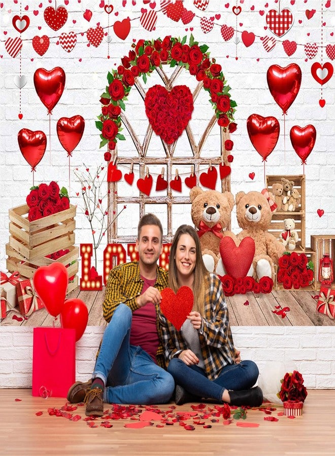 Mocsicka Happy Valentine's Day Backdrop Red Rose Flower Brick Wall Wood Door Valentines Background Romantic Love Valentine's Day Party Decorations Banner Photo Booth Props (7x5ft (82x60 inch)) - Image 2