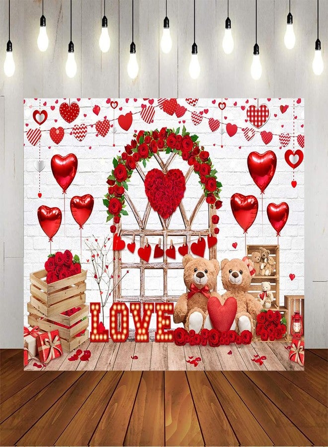 Mocsicka Happy Valentine's Day Backdrop Red Rose Flower Brick Wall Wood Door Valentines Background Romantic Love Valentine's Day Party Decorations Banner Photo Booth Props (7x5ft (82x60 inch)) - Image 1