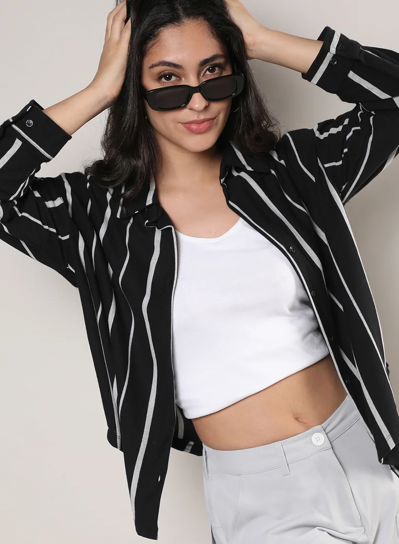 Campus Sutra Women's Midnight Black & Moon Grey Striped Boxy Shirt