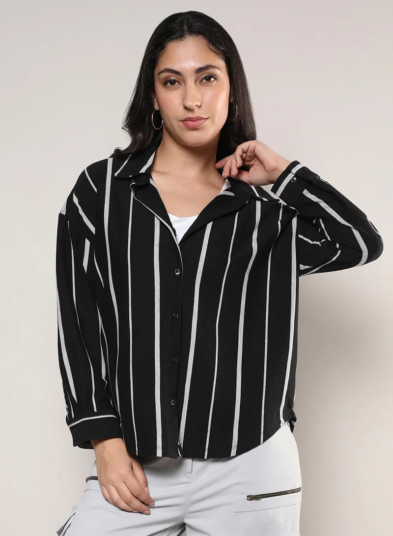 Campus Sutra Women's Midnight Black & Moon Grey Striped Boxy Shirt