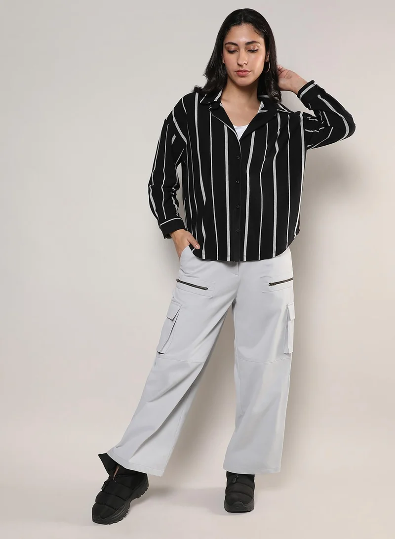 Campus Sutra Women's Midnight Black & Moon Grey Striped Boxy Shirt