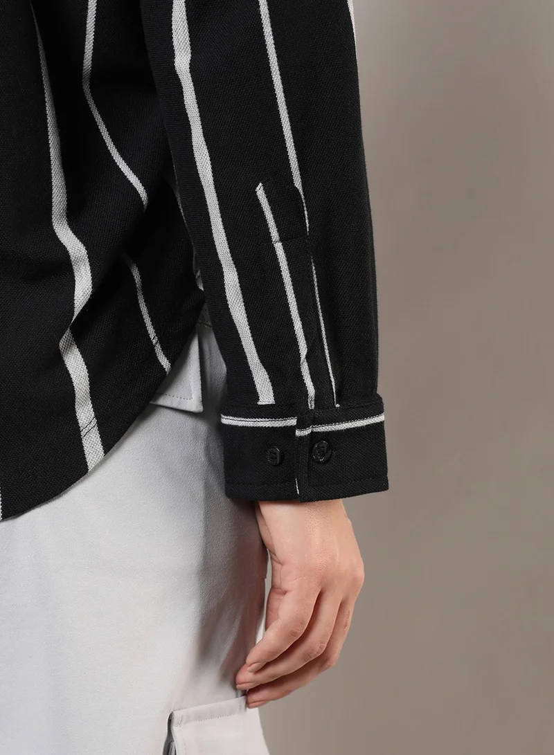 Campus Sutra Women's Midnight Black & Moon Grey Striped Boxy Shirt