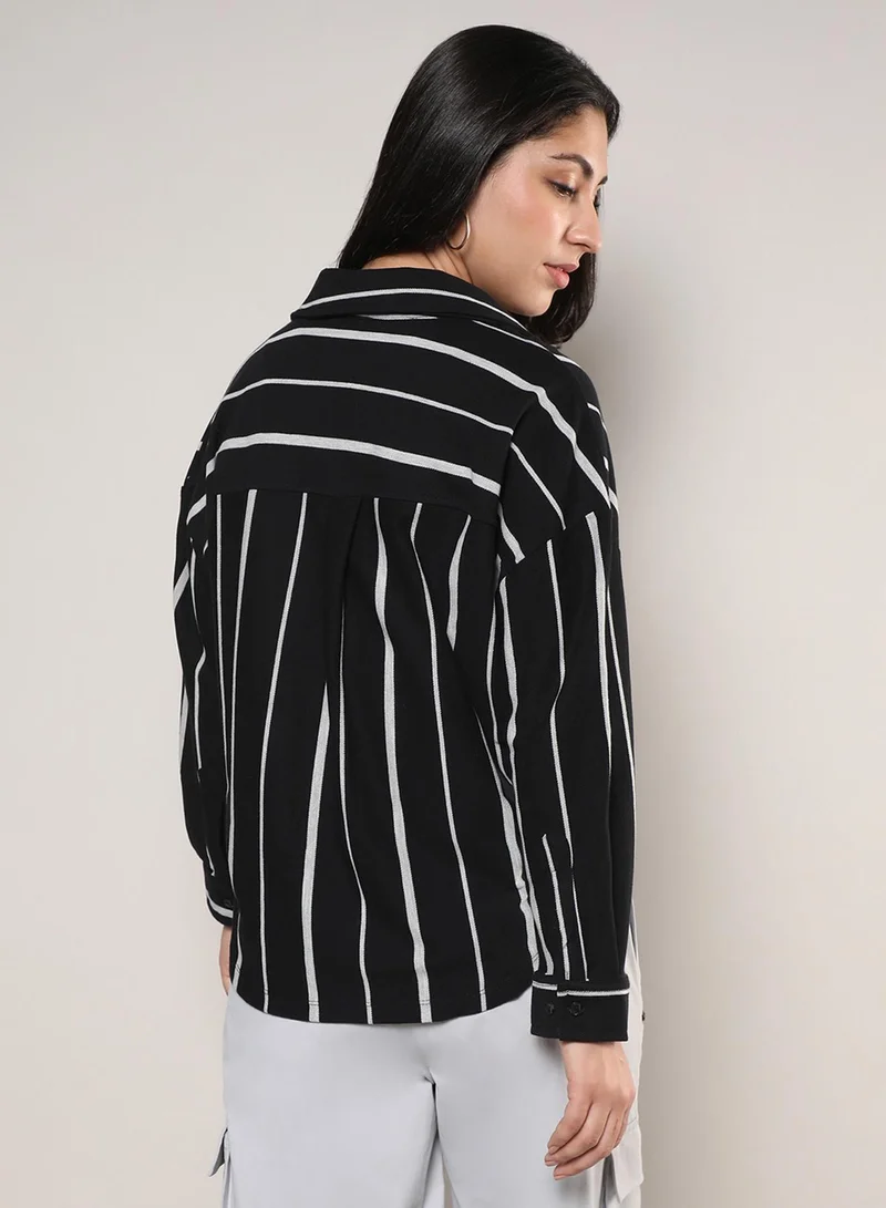 Campus Sutra Women's Midnight Black & Moon Grey Striped Boxy Shirt
