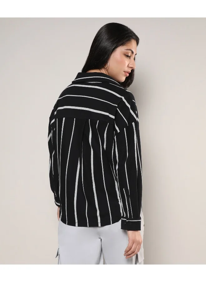 Campus Sutra Women's Midnight Black & Moon Grey Striped Boxy Shirt