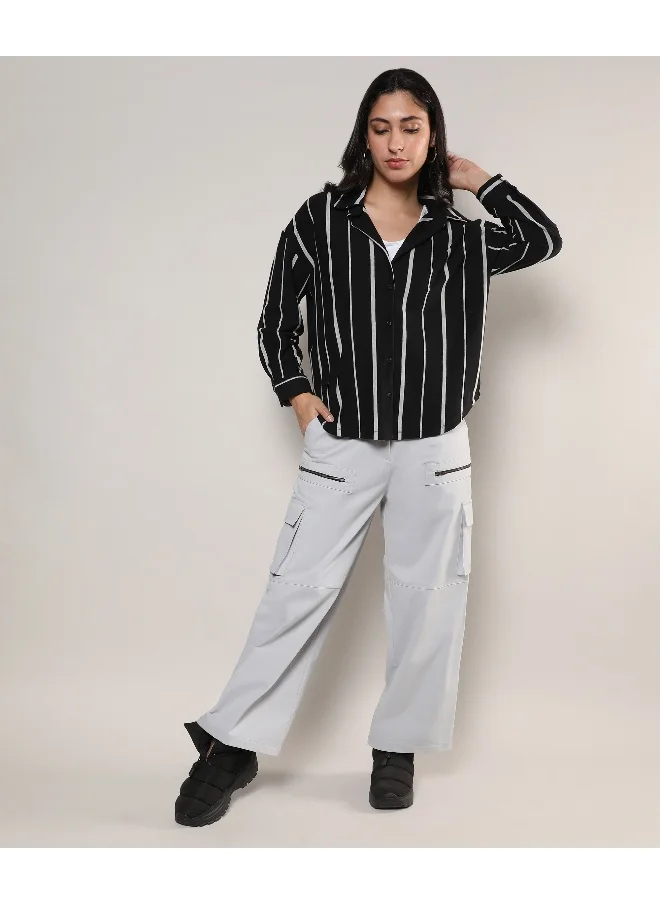 Campus Sutra Women's Midnight Black & Moon Grey Striped Boxy Shirt