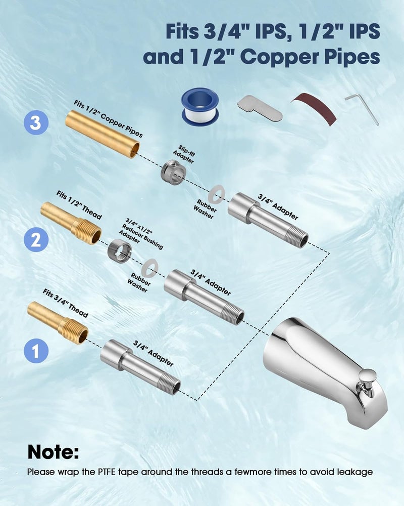 OrgCreator All Metal Bathtub Spout with Diverter, 5.3 Inch Tub Spout, Fits 1/2" Copper Slip-On and 1/2" or 3/4" IPS Threaded Pipes, Easy Lift to Switch, Leak-Free, Easy DIY Installation, Chrome - Image 2