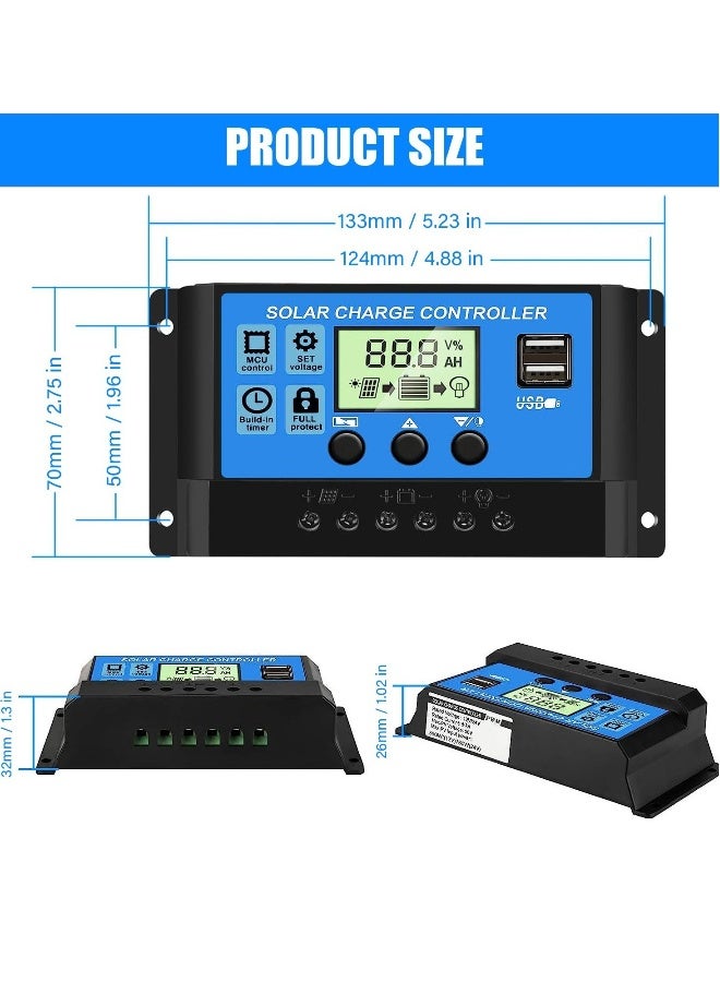 30A PWM Solar Charge Controller,  Dual USB Solar Panel Battery Intelligent Regulator with LCD Display, Auto Parameter Adjustable, Timer Setting, Multiple Load Control Modes