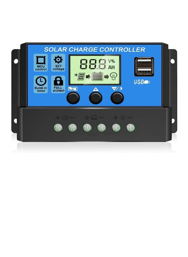 30A PWM Solar Charge Controller,  Dual USB Solar Panel Battery Intelligent Regulator with LCD Display, Auto Parameter Adjustable, Timer Setting, Multiple Load Control Modes