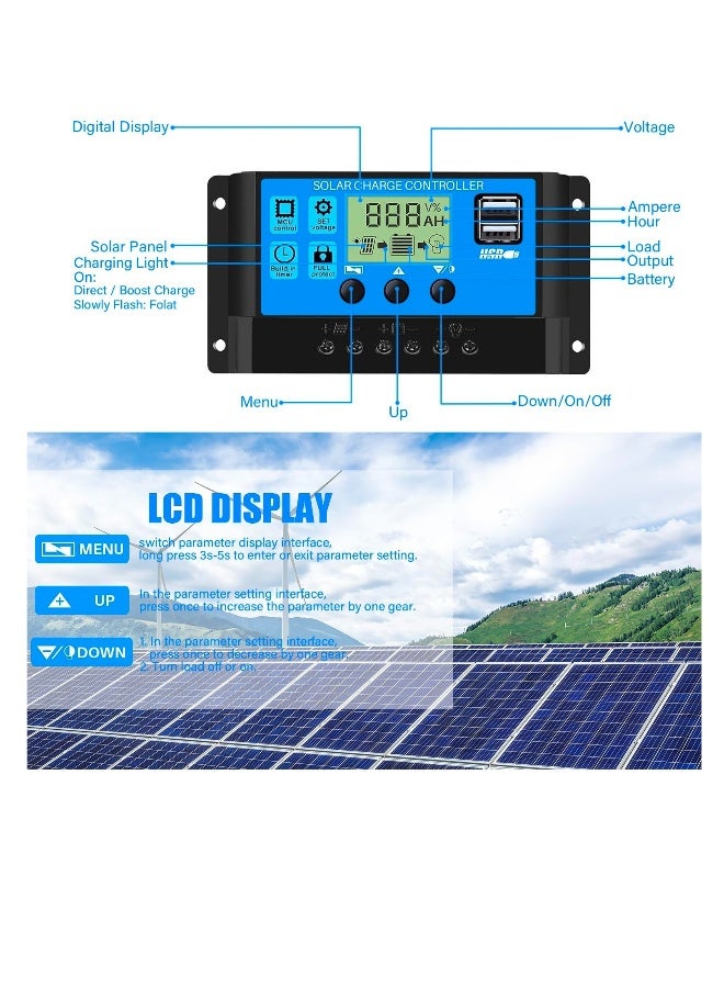 30A PWM Solar Charge Controller,  Dual USB Solar Panel Battery Intelligent Regulator with LCD Display, Auto Parameter Adjustable, Timer Setting, Multiple Load Control Modes