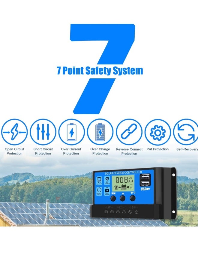 30A PWM Solar Charge Controller,  Dual USB Solar Panel Battery Intelligent Regulator with LCD Display, Auto Parameter Adjustable, Timer Setting, Multiple Load Control Modes