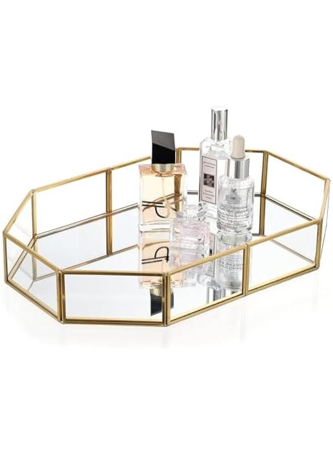 HOOKOR Gold Perfume Tray - Glass Mirror Makeup Tray Ornate Vanity Tray Dresser Tray Jewelry Trinket Organizer Tray for Bathroom Storage Tray for Home Decor (Small) - Image 1