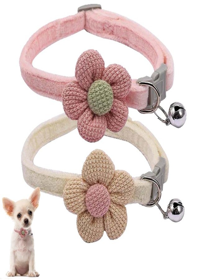 Weimostar XS Dog Collar with Bell and Flower, 2 Pack Puppy Collars with Bell and Floral Girl Cute for XXS XS Extra Small Female Dogs Cats Tiny Pets Little Kitten Yorkie Chihuahua Pink Beige - Image 1