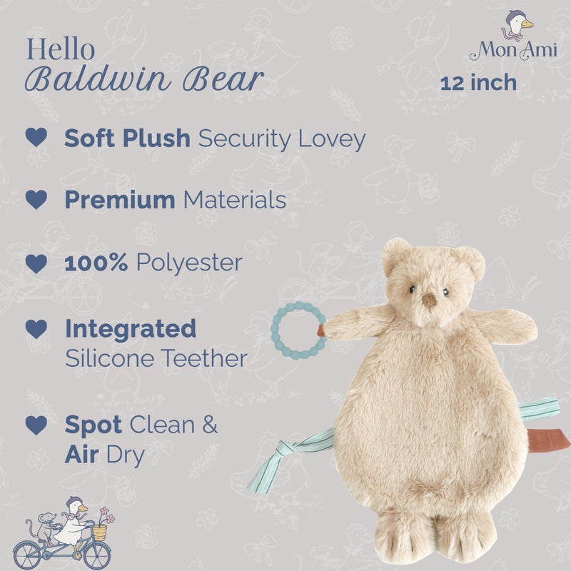 MON AMI Baldwin Bear Security Blanket with Silicone Teether | 12-Inch Plush Lovey for Babies | Soothing Sensory Snuggle Toy | Perfect Newborn Essential for Birthdays & Baby Showers - Image 2