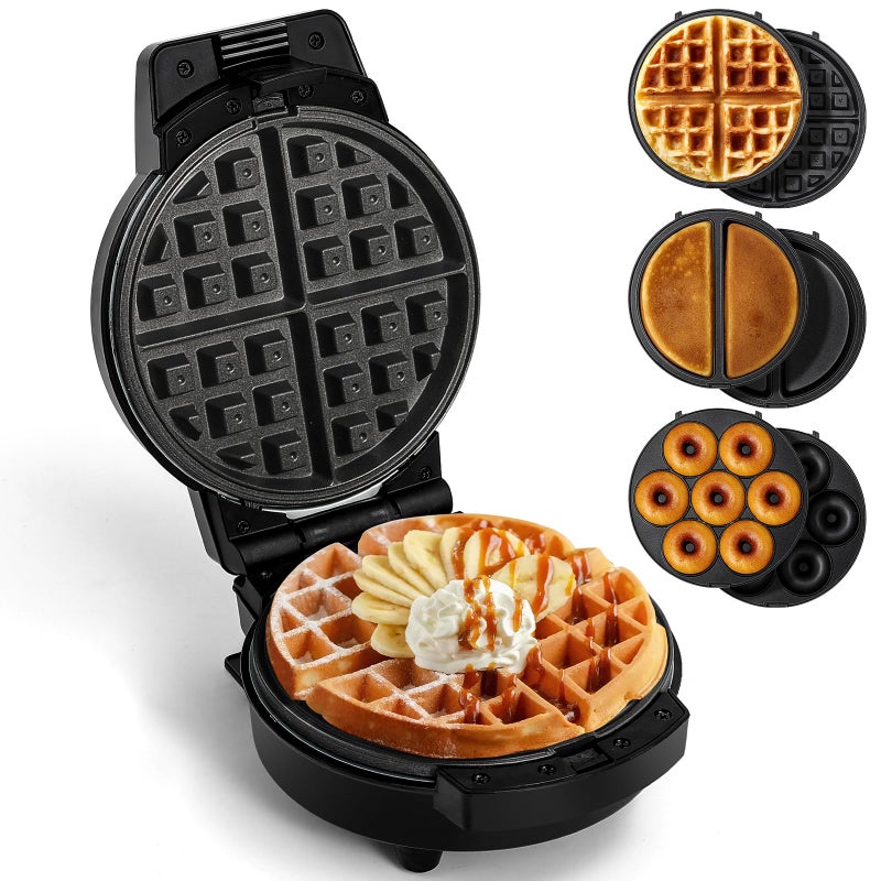 UVFAST Mini Waffles Maker with 6 Removable Plates, 3 in 1 Small Waffle Maker Mini- Waffle, Pancake, Donut, 6" Non Stick Waffle Iron for Kids and Families, Black - Image 1