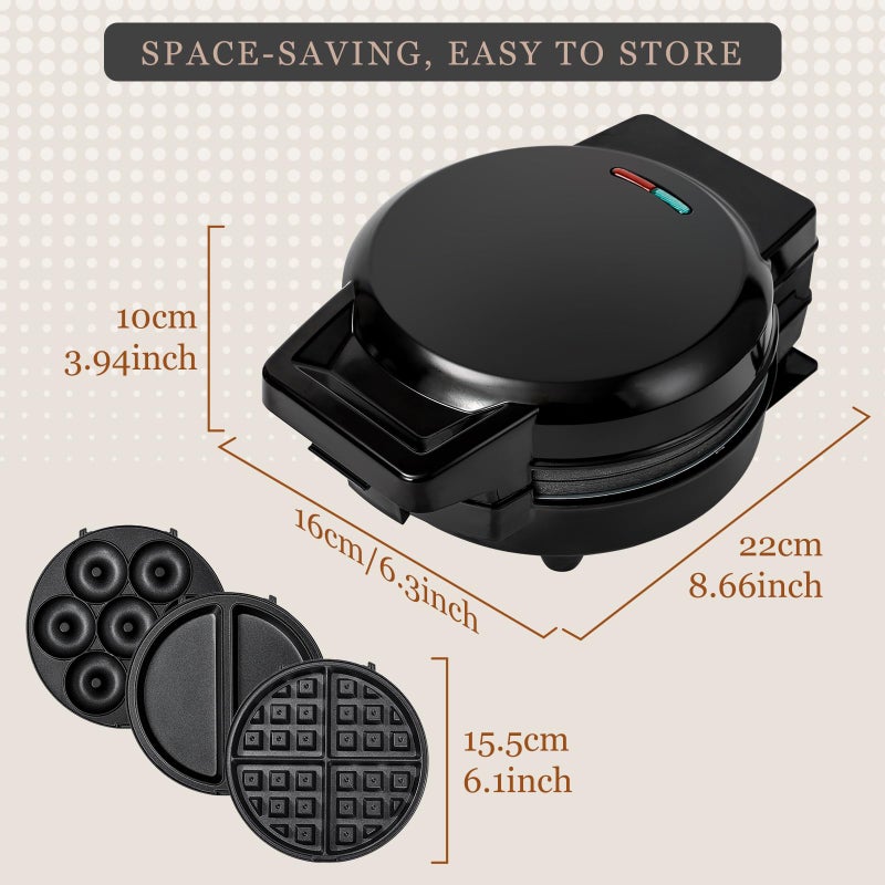 UVFAST Mini Waffles Maker with 6 Removable Plates, 3 in 1 Small Waffle Maker Mini- Waffle, Pancake, Donut, 6" Non Stick Waffle Iron for Kids and Families, Black - Image 4