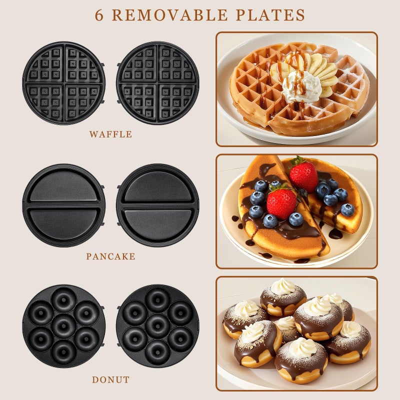 UVFAST Mini Waffles Maker with 6 Removable Plates, 3 in 1 Small Waffle Maker Mini- Waffle, Pancake, Donut, 6" Non Stick Waffle Iron for Kids and Families, Black - Image 3