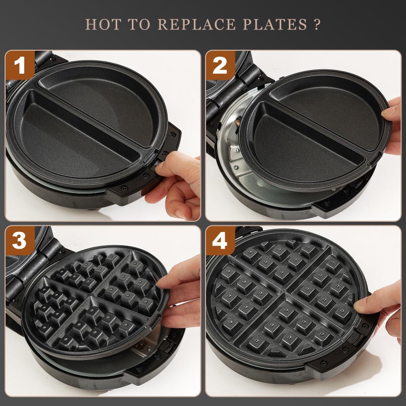 UVFAST Mini Waffles Maker with 6 Removable Plates, 3 in 1 Small Waffle Maker Mini- Waffle, Pancake, Donut, 6" Non Stick Waffle Iron for Kids and Families, Black - Image 2