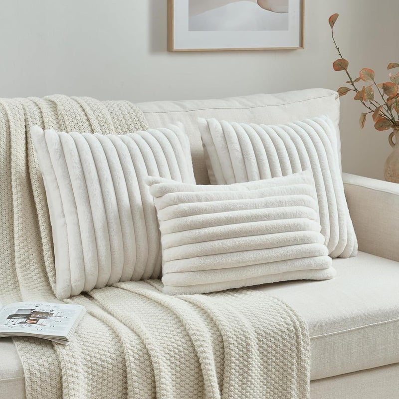 FUTEI Cream White Decorative Throw Pillow Covers Set of 2, 12x20 Inch Soft Fluffy Faux Fur Plush Striped Lumbar Pillowcases, Modern Home Decor for Couch Bed Living Room - Image 4