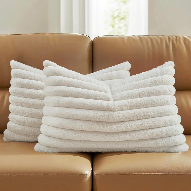 FUTEI Cream White Decorative Throw Pillow Covers Set of 2, 12x20 Inch Soft Fluffy Faux Fur Plush Striped Lumbar Pillowcases, Modern Home Decor for Couch Bed Living Room - Image 1