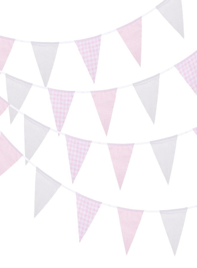 MECCANIXITY 33ft Pink White Plaid Checkered Pennant Banner, 36 PCS Triangle Flags Fabric Bunting Banner for Birthday Wedding Outdoor Garden Decor - Image 1