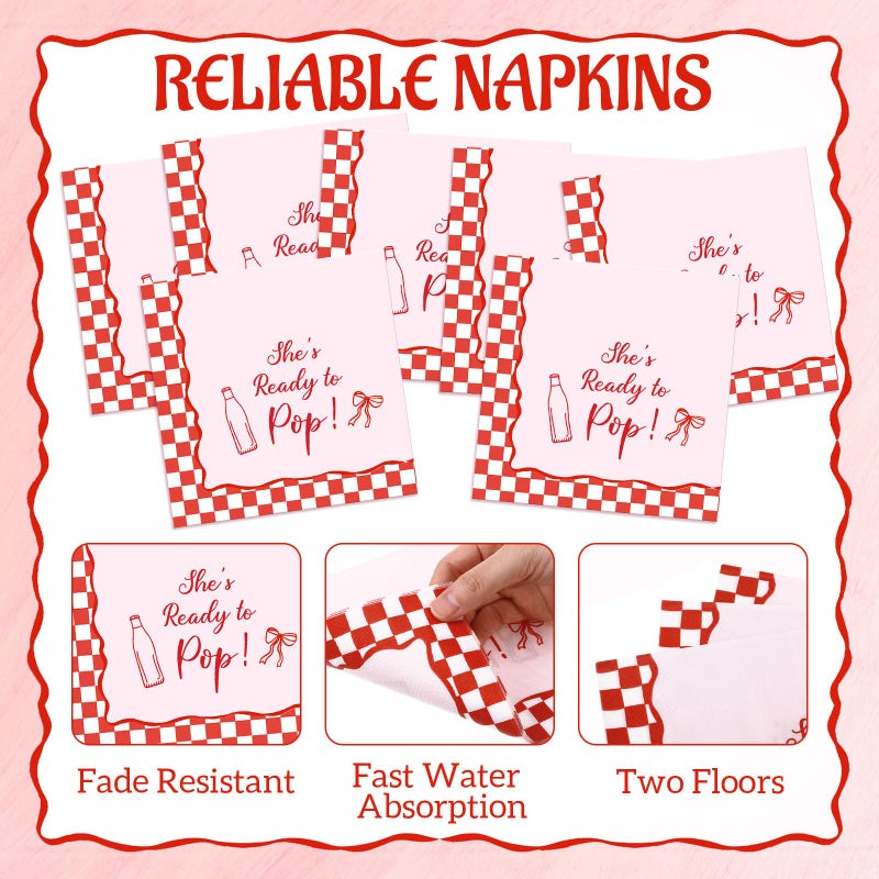 Sabary 100 Pcs She's Ready to Pop Baby Shower Decorations Red Coquette Soda Theme Napkins She's About to Pop Paper Napkin Retro Pink Decor for New Mom Baby Shower Gender Reveal Birthday Party Supplies - Image 3