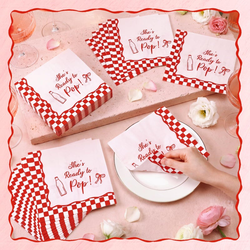 Sabary 100 Pcs She's Ready to Pop Baby Shower Decorations Red Coquette Soda Theme Napkins She's About to Pop Paper Napkin Retro Pink Decor for New Mom Baby Shower Gender Reveal Birthday Party Supplies - Image 4