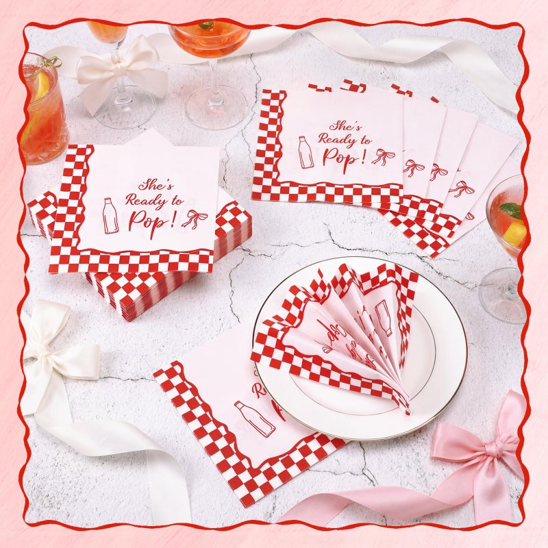 Sabary 100 Pcs She's Ready to Pop Baby Shower Decorations Red Coquette Soda Theme Napkins She's About to Pop Paper Napkin Retro Pink Decor for New Mom Baby Shower Gender Reveal Birthday Party Supplies - Image 5