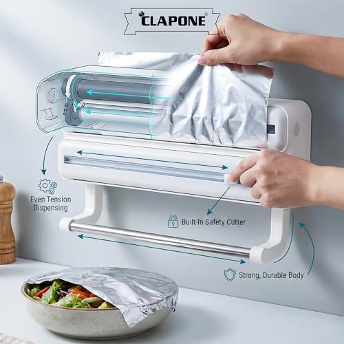 CLAPONE Wrap Organizer with Cutter Plastic Wrap Dispenser 3 in 1 Compatible with Cling Film Paper Towel Holder/Tin Foil and Roti Paper Cutter/Aluminum Foil/Butter/Roti Wrap/Food Roll-White - Image 4