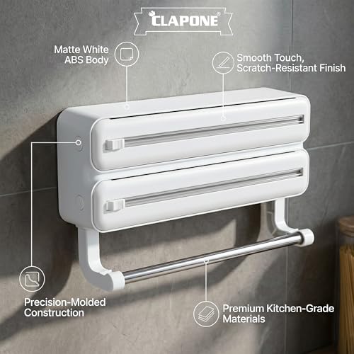 CLAPONE Wrap Organizer with Cutter Plastic Wrap Dispenser 3 in 1 Compatible with Cling Film Paper Towel Holder/Tin Foil and Roti Paper Cutter/Aluminum Foil/Butter/Roti Wrap/Food Roll-White - Image 5
