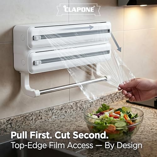 CLAPONE Wrap Organizer with Cutter Plastic Wrap Dispenser 3 in 1 Compatible with Cling Film Paper Towel Holder/Tin Foil and Roti Paper Cutter/Aluminum Foil/Butter/Roti Wrap/Food Roll-White - Image 3