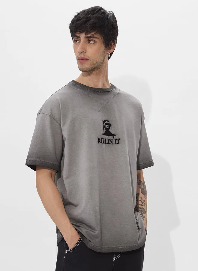ذا سوليد ستور The Souled Store Men's Oversized Grey Cotton T-Shirt with Graphic Print