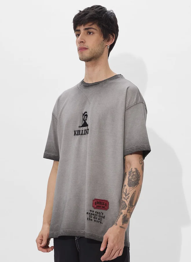 The Souled Store  The Souled Store Men's Oversized Grey Cotton T-Shirt with Graphic Print  | Best Price UAE