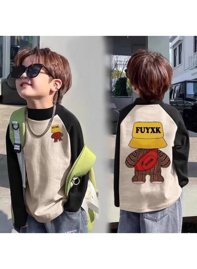 Children's Half Turtleneck Velvet Bottoming Shirt Autumn And Winter New Boys' Raglan Contrasting Color Long-sleeved T-shirt Medium And Large Kidsren's Tops