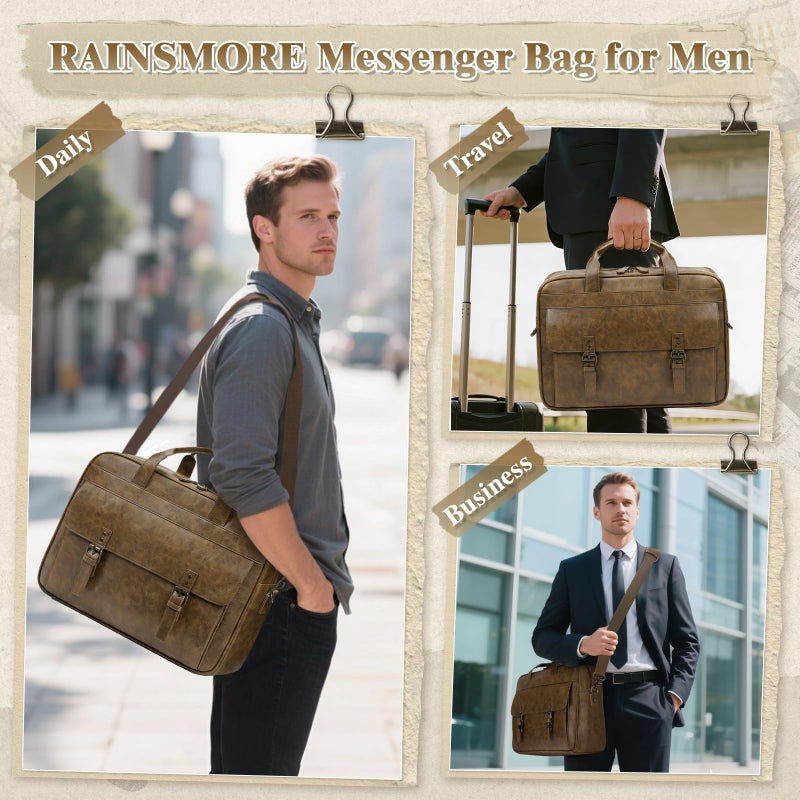 RAINSMORE Messenger Bag for Men 16 Inch Laptop Bag Vintage Leather Waterproof Laptop Briefcases Large Computer Bags Retro Satchel Shoulder Bag for Workï¼ŒBusinessï¼ŒOfficeï¼ŒCollege - Image 2