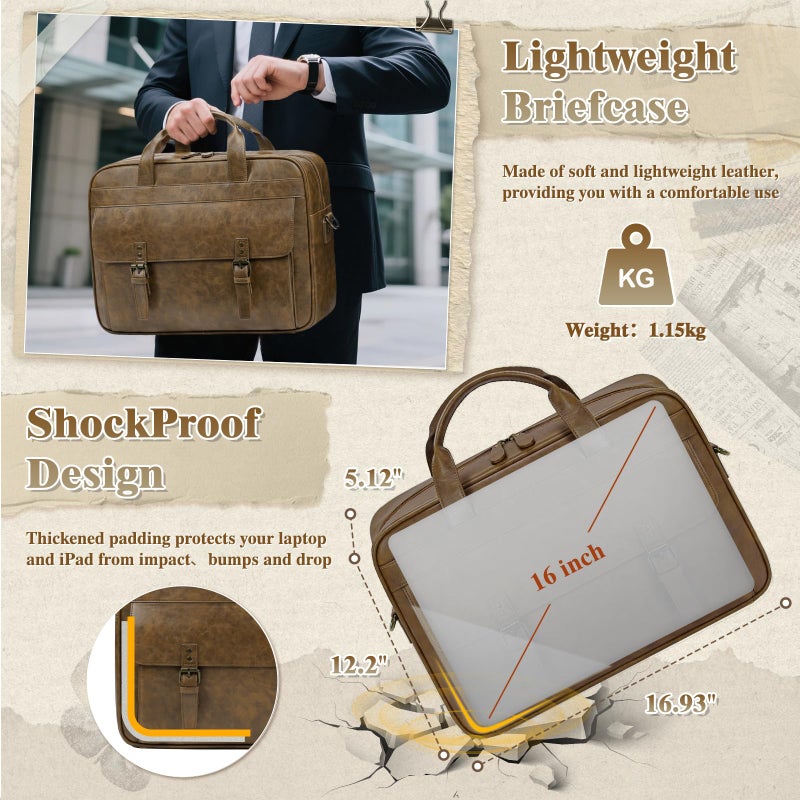 RAINSMORE Messenger Bag for Men 16 Inch Laptop Bag Vintage Leather Waterproof Laptop Briefcases Large Computer Bags Retro Satchel Shoulder Bag for Workï¼ŒBusinessï¼ŒOfficeï¼ŒCollege - Image 3