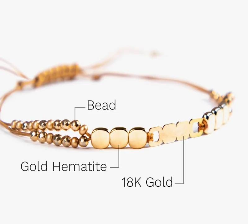 Minza  Minza “Square Stone” Women’s Bracelet, 18K Gold Cube Plaque & Golden Hematite Beads, Czech Beads Adjustable Handmade Bracelet for Women, Jewelry for Casual & Special Occasion. for Women | Best Price UAE